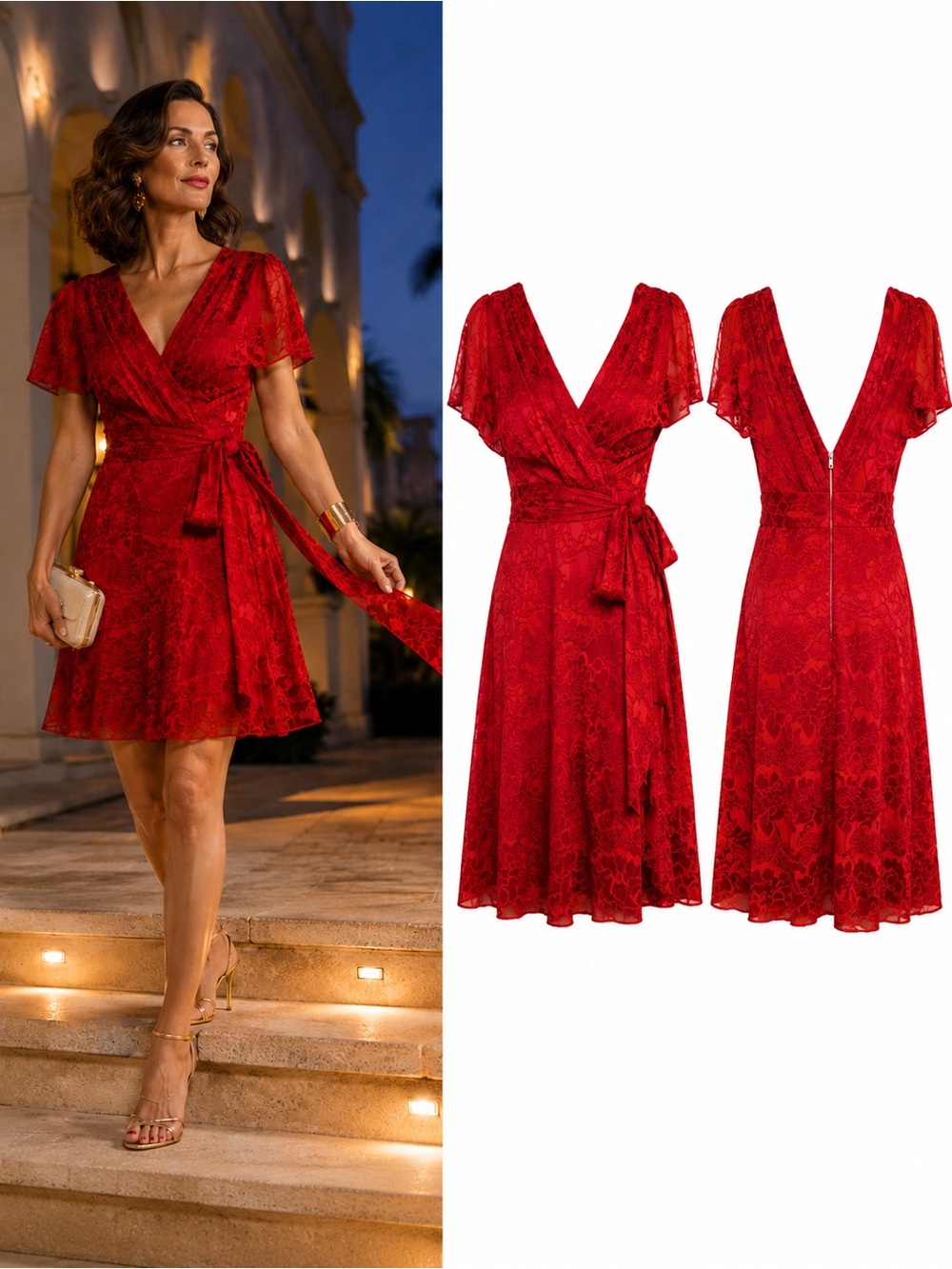 Alice + Olivia Darva Red Silk Blend Fil Coupé Wrap Cocktail Dress Size 6